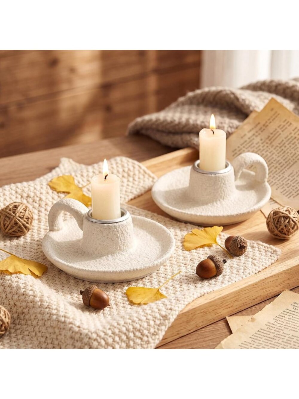 Vintage Ceramic Candle Holders Set of 2 | White Taper Candle Plates Decor